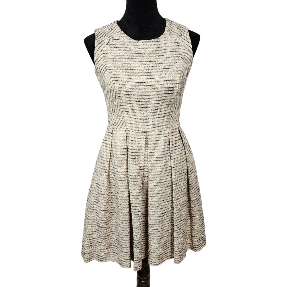 SHOSHANNA Size 4 Bridget Metallic Ecru Tweed Linen Blend Fit & Flare Party Dress
